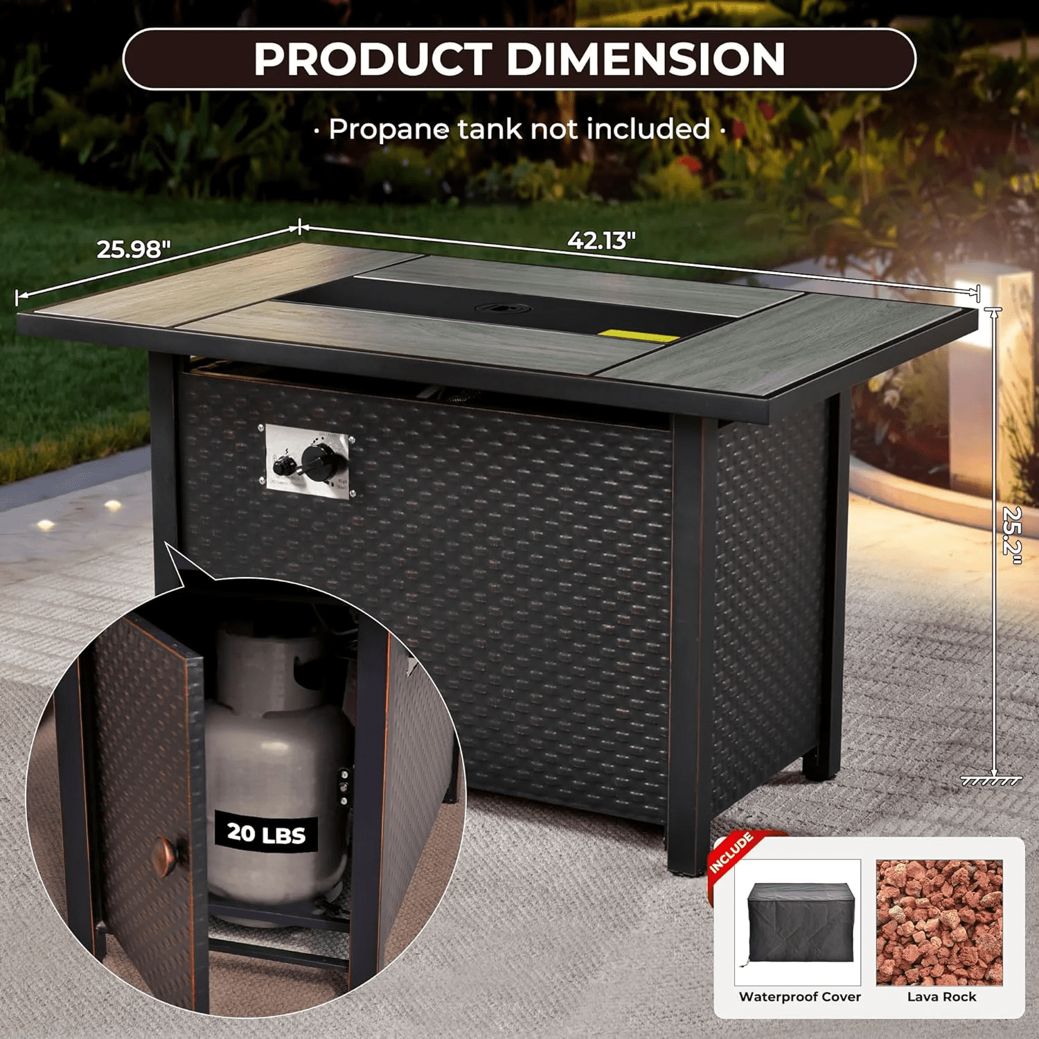 Ovios 42 Inch Propane Fire Pit CSA-Listed Outdoor Fire Pit Table 50,000 BTU Steel Gas Fire Pits with Lid and Lava Rock for Deck Garden