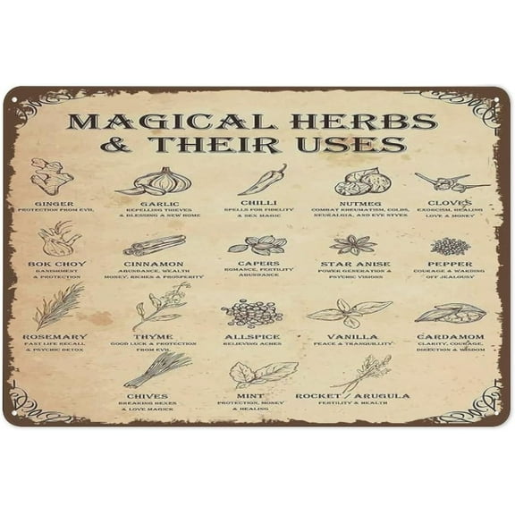 Creative Tin Sign Magical Herbs and Their Uses Witchy Funny Novelty Metal Sign Retro Wall Decor for Home Gate Garden Bars Restaurants Cafes Office Store Pubs Club Sign Gift 8"x12"