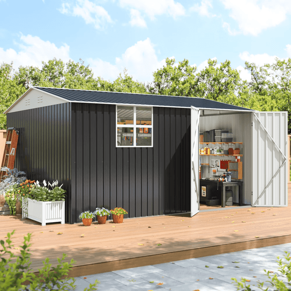NETAJE 12'x10' Outdoor Metal Storage Garden Shed with Window, Lockable Doors and Air Vent for Backyard, Garden, Lawn