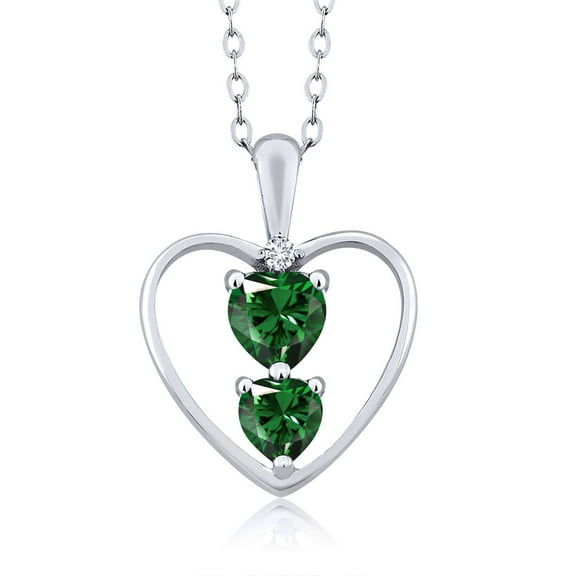 Gem Stone King 925 Sterling Silver Green Nano Emerald and White Diamond Pendant Necklace for Women (0.91 Cttw, Gemstone May Birthstone, Heart 5MM and 4MM, with 18 inch Silver Chain)
