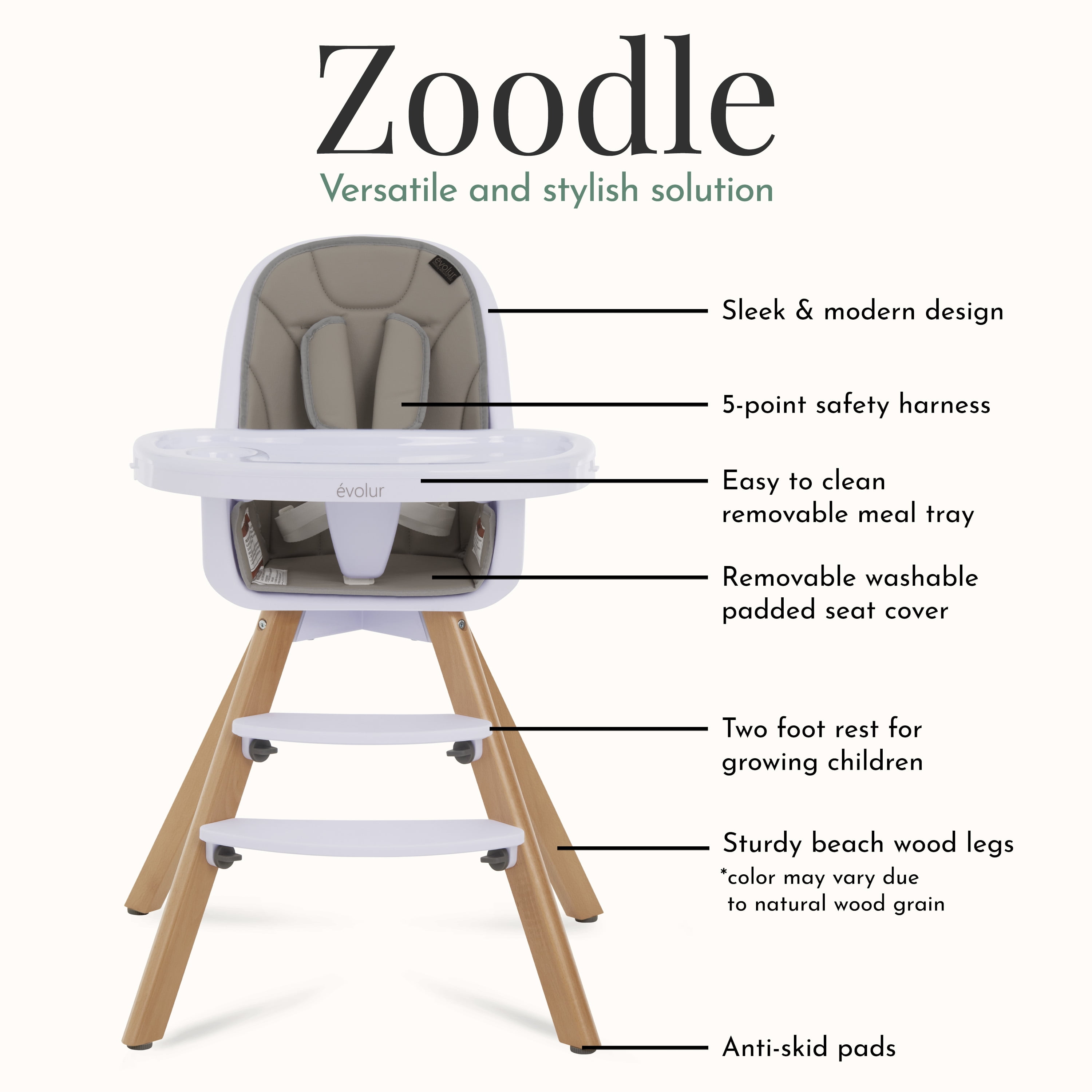 Evolur Zoodle 3-in-1 High Chair Booster Feeding Chair with Modern Design, Light Grey