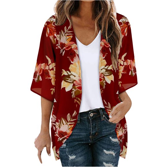 Womens Kimono Cardigan Womens Floral Print Puff Sleeve Kimono Cardigan Loose Chiffon Cover Up Casual Blouse Tops