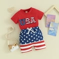 thumbnail image 4 of Toddler Baby Boys Outfits for 4th of July 6 12 18 24 Months 2T 3T 4T Fuzzy Letter Embroidery Short Sleeve T-Shirts Tops Stripe Stars Print Shorts 2Pcs Clothes Set, 4 of 10