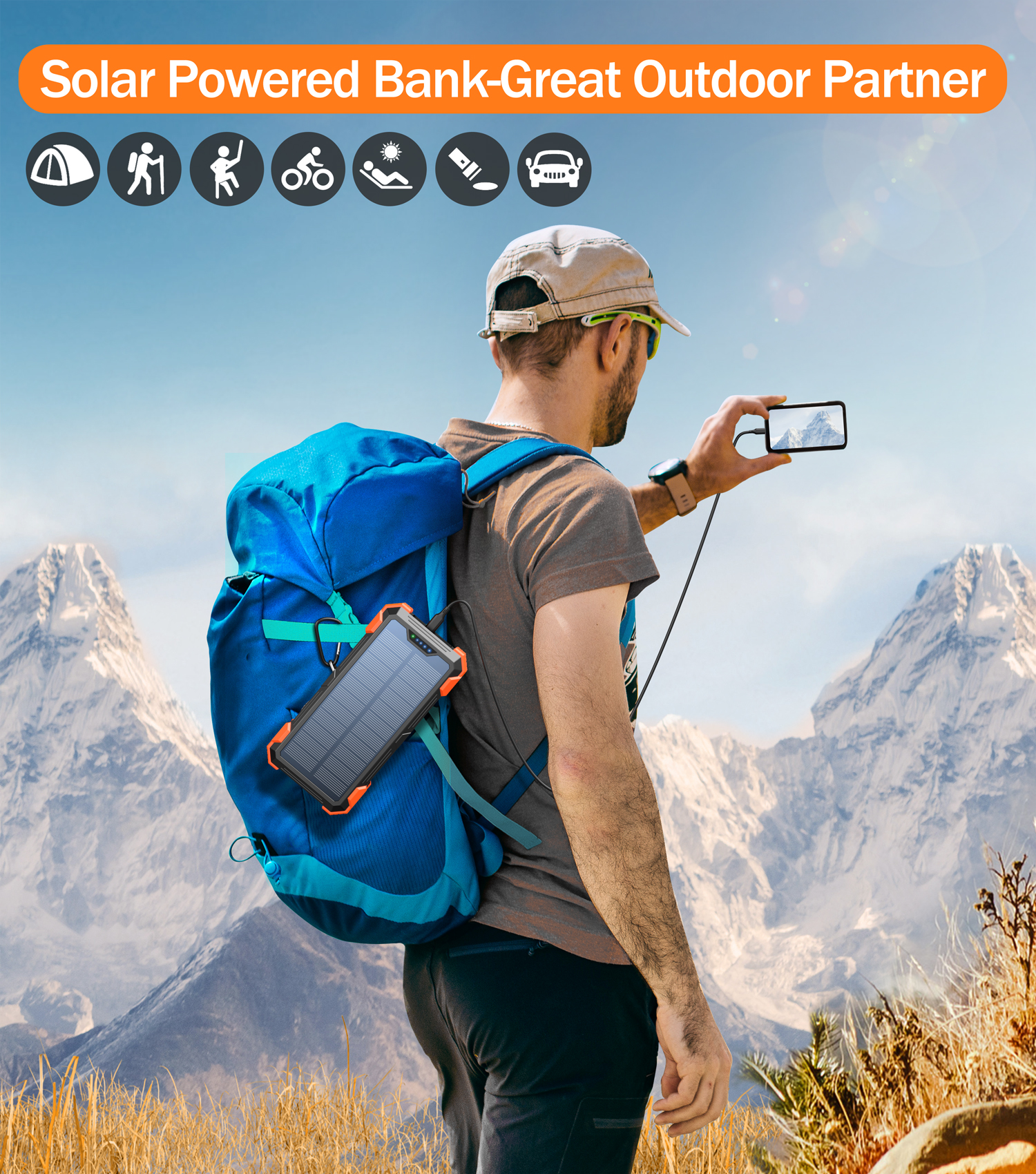 Jiumess 42800mAh Solar Power Bank with Fast Charging, Orange photo 8