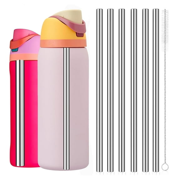 Stainless Steel Straws for Owala FreeSip Insulated Water Bottle 24 oz 32 oz, 6 Pack Reusable Metal Replacement Straws for 32oz 24oz Owala Freesip Cup Lid Only, Plus Straw Brush, Dishwasher Safe