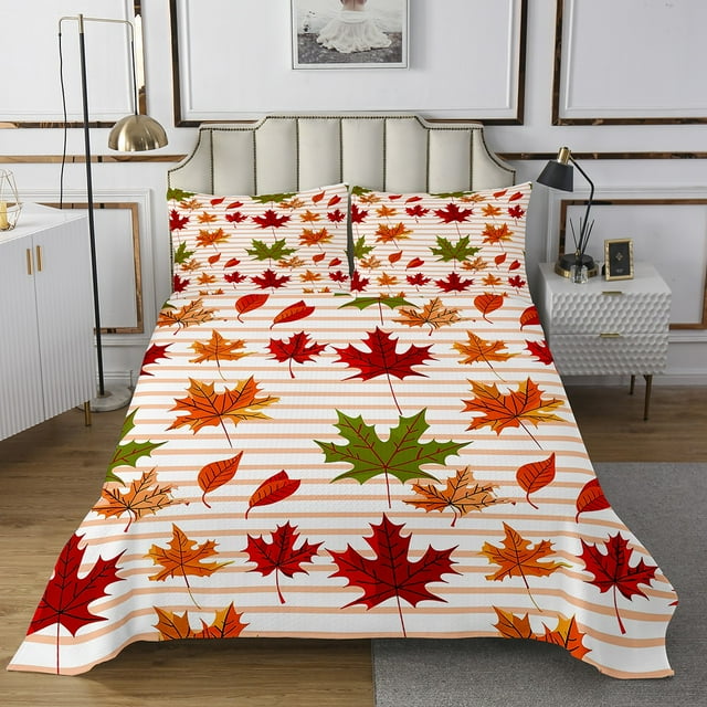 Fall Leaves Bedspread Set Maple Leaf Quilt Set Queen,Autumn Plant Coverlet Set Watercolor Botanical Quilted,Farmhouse Fall Decorations for Home