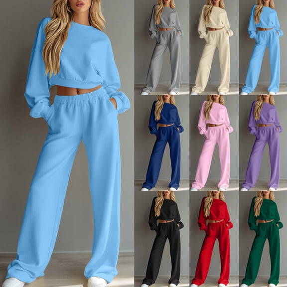 KTFgvq Sweatsuits Women 2 Piece Outfit, Cropped Crew Neck Long Sleeve Top, Matching Wide Leg Pants with Elastic Waist, Casual Fall Set, L
