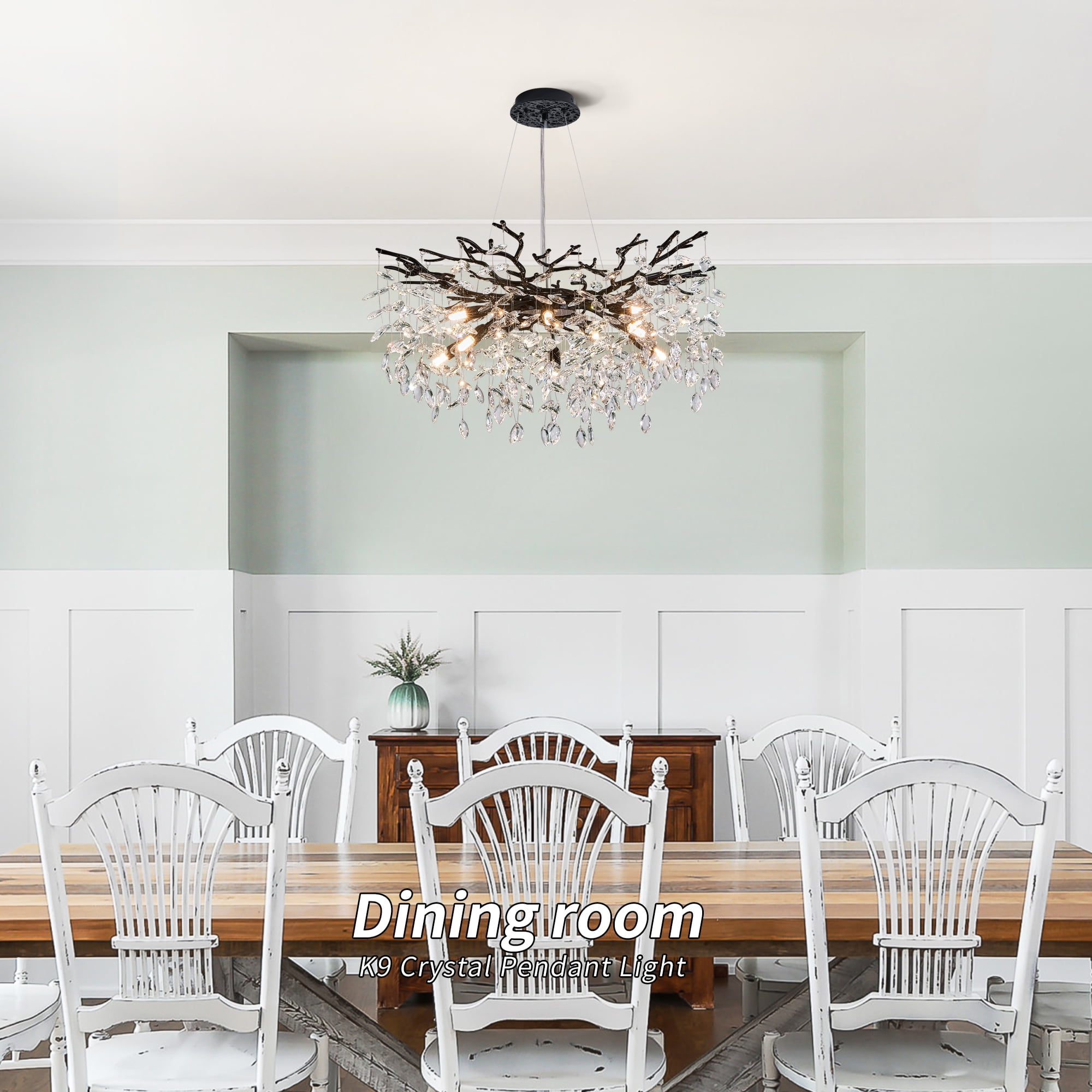 Modern Tree Branch Crystal Chandelier, Adjustable Height 20-78.7 Inches, Luxury Black Metal & Sparkling Crystal Lighting Fixture for Dining Room, Living Room, Bedroom
