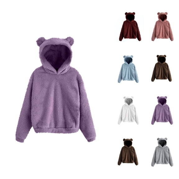 Cute Bear Ears Hoodie for Women 2025 Fall Winter Casual Solid Color Hooded Sweatshirt Pullover Top Loungewear