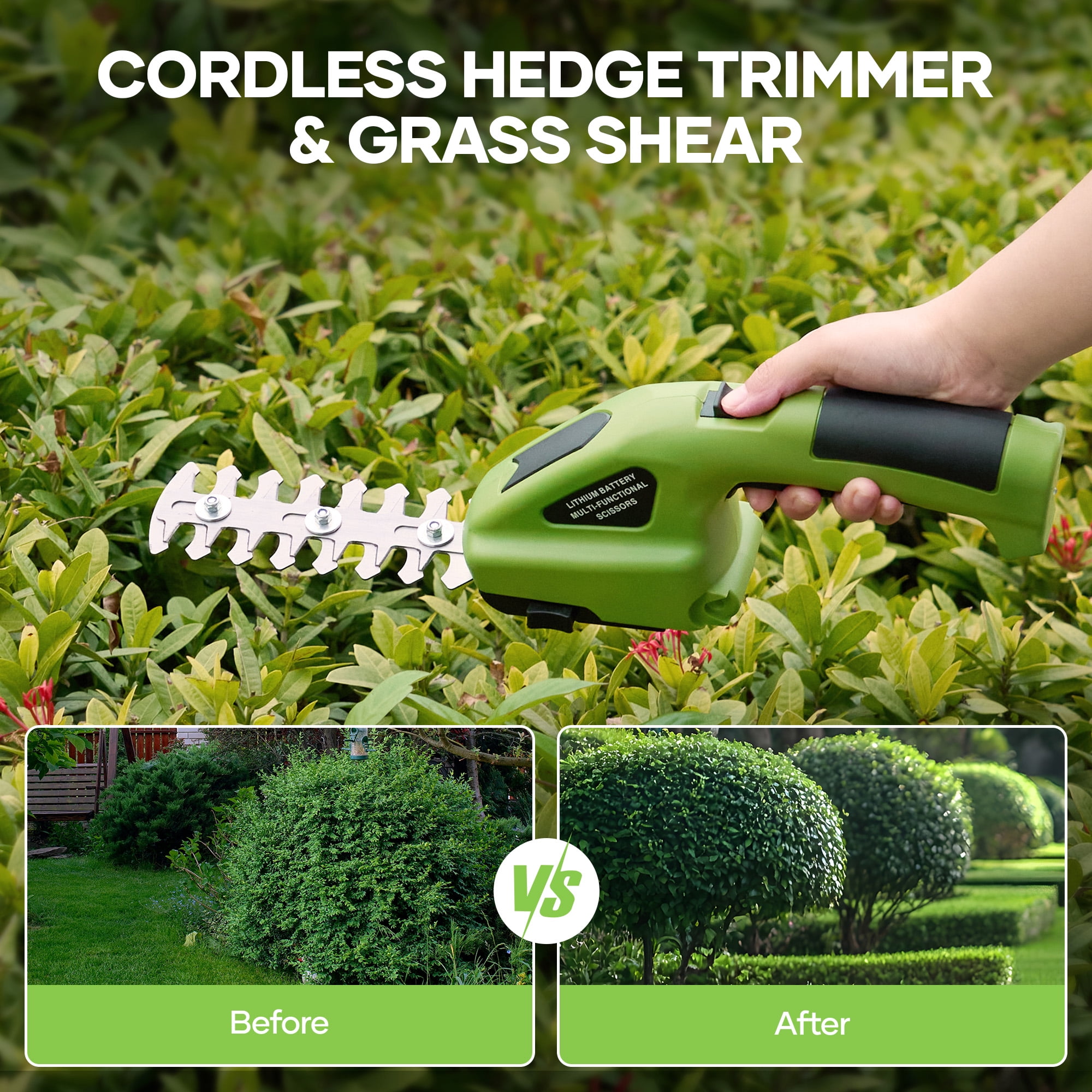 GASKY 7.2V Cordless Grass Shear,2 in 1 Lightweight Electric Mini Hedge Trimmer for Garden/Hedge Pruning,Green