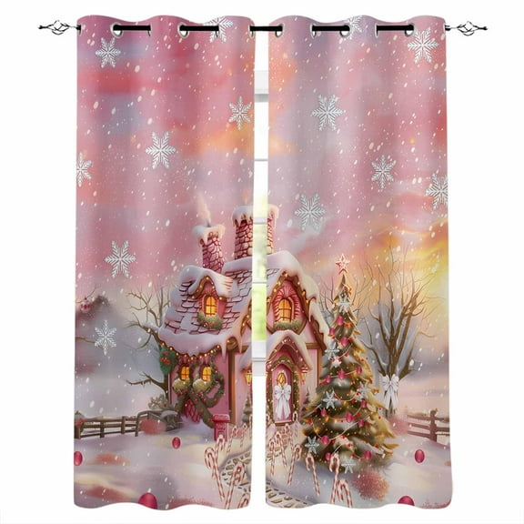 Hokiten Pink Christmas Blackout Curtains | Light Blocking Print Window Curtains, Snowflake Watercolor Xmas Tree Thermal Insulated Window Drapes for Living Room Kitchen Cafe (2 Panels, 84"W x 63"L)
