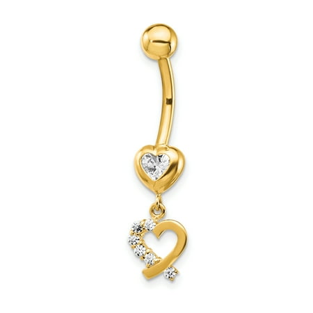 14k Yellow Gold Cubic Zirconia Cz 2 Hearts Dangle Belly Band Ring Body Naval Gifts For Women For Her