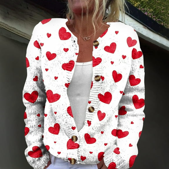 Heart Cardigan Sweater for Women Oversized Valentine's Day Cardigan Cute Love Print Open Front Knit Sweaters Coat