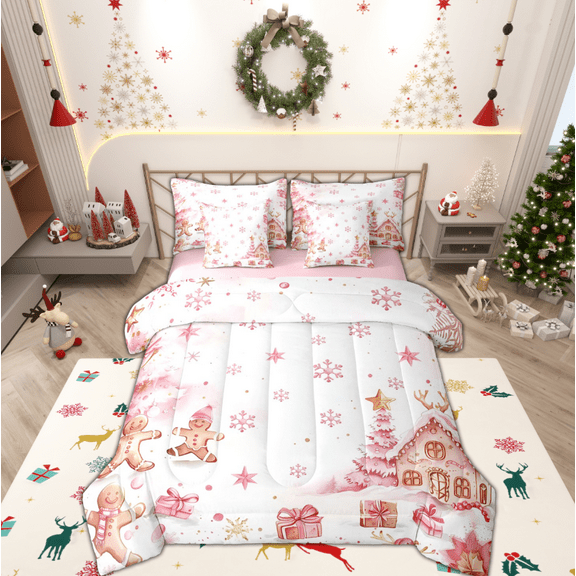 Manfei Cute Gingerbread Man 7-Piece Twin Bedding Sets,Christmas Gifts Bedding Comforter Set,Pink Chic Xmas Tree Sheet Sets For Teens,Super Cozy Room Decor Reversible
