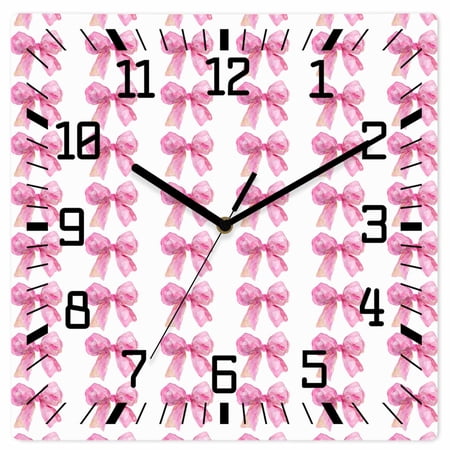 Pink Bow Ribbon Wooden Wall Clock Silent Non Ticking, Bowknot Bow Tie Aesthetics Minimalist Square Wall Clocks Battery Operated, Decor Clock for Home Office, Living Room, Kitchen, 12 Inch