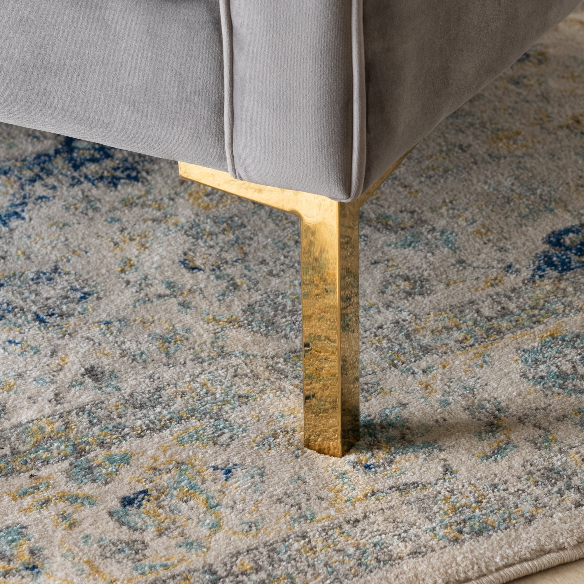 Zahir Luxe and Glamour Grey Velvet Upholstered Gold Finished Lounge Chair by Ember Interiors