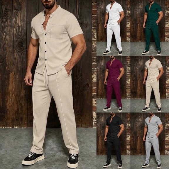Men's Waffle Knit 2 Piece Tracksuit Outfit, Mandarin Collar Short Sleeve Button Down Shirt & Drawstring Straight Leg Pants Big and Tall Size S-3XL White
