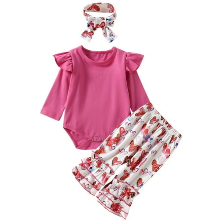 

Zlekejiko Girls Valentine s Day Long Sleeve Romper Bodysuit Hearts Printed Ruffles Bell Bottoms Pants Headbands Outfits