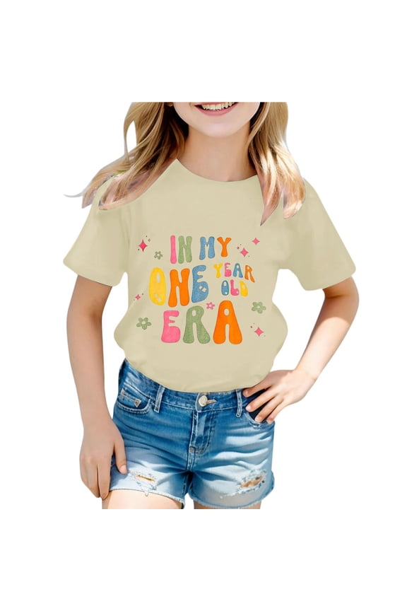 Infant Girls T-Shirts Size 1-2 Years Summer School Casual Soft Tees Letter Print Crew Neck Short Sleeve Girls Tees Beige