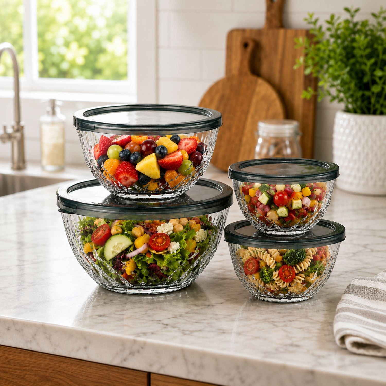 Sorbus 4-Piece Diamond Textured Glass Mixing Bowl Set with Lids, Assorted Sizes, BPA-Free