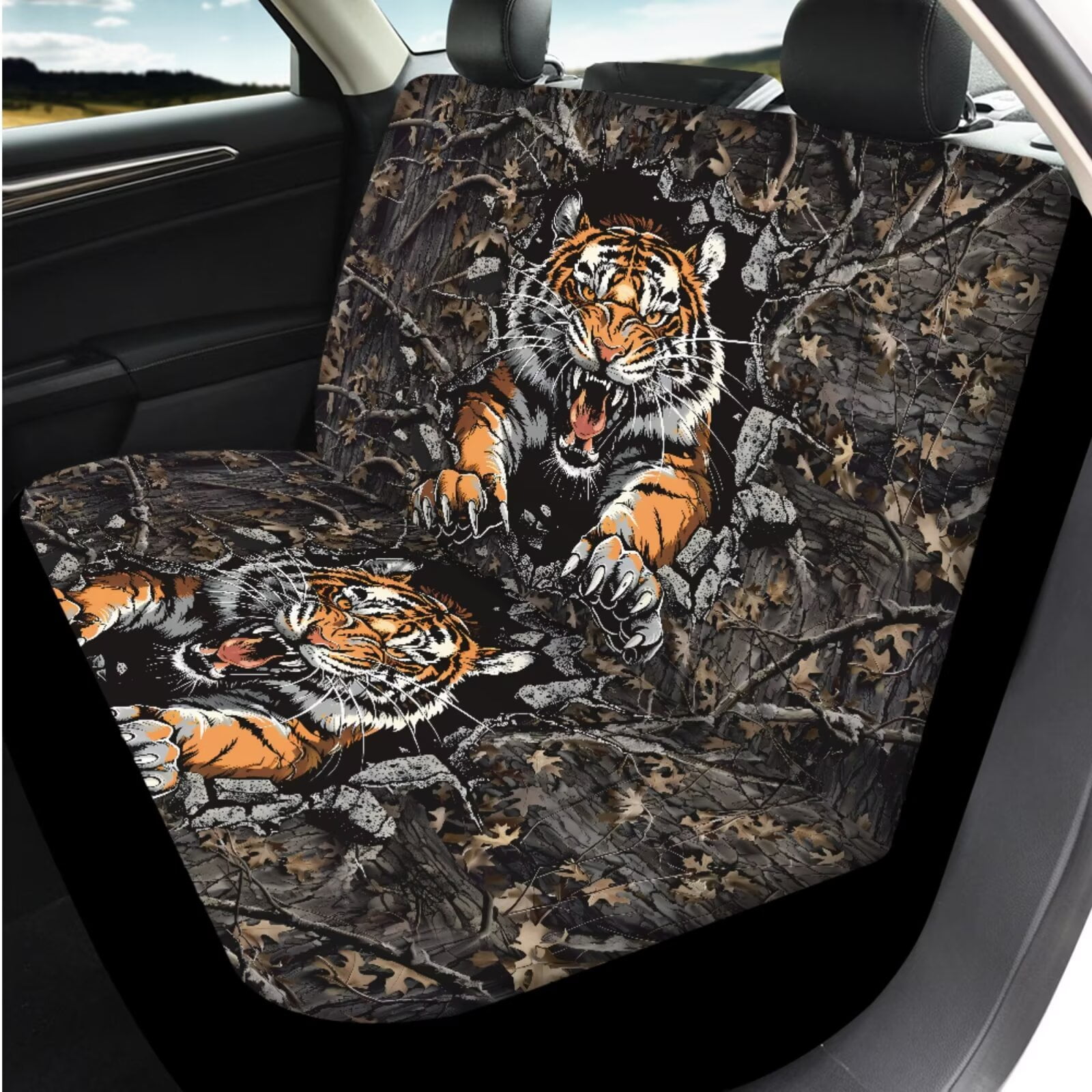 Uorisanigo Camo Tiger 14 Pcs Car Seat Covers Full Set with Auto Steering Wheel Cover Armrest Cushion Protector Seat Belt Covers Automotive Interior Sets Unverisal Fit Cars SUV Turcks