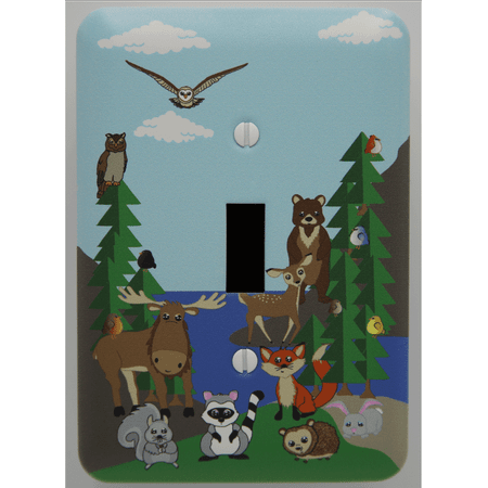 Single Toggle Woodland Forest Animal Light Switch Plate and Outlet Covers, Children's Nursery Decor with Owls, Birds, Fox, Bear, Squirrel, Deer, Hedge Hog, Moose and a Raccoon. (Single Toggle)