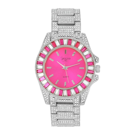 Women's Baguette Cut Iced Out Diamond Watch - Drop it Down with This Bling'ed Out Crystal Watch on Your Wrist Ladies!! Hakuna Matata!! - ST10372MLA Metal SLV Pink/Pink