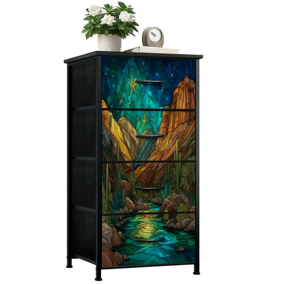 Dresser for Bedroom with 4 Storage Drawers Nighttime Desert Artwork Earthy Tones Stained Glass Dressers Chest of Drawers Steel Framed Fabric Closet Organizers for Entryway Western Decor
