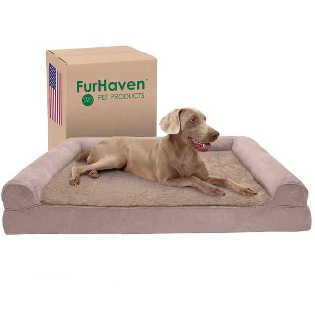 Furhaven Cama de gel refrescante para perros grandes con refuerzos extraíbles y funda lavable, para perros de hasta 125 libras - Sofá de felpa y gamuza - Almendra, Jumbo Plus/XXL