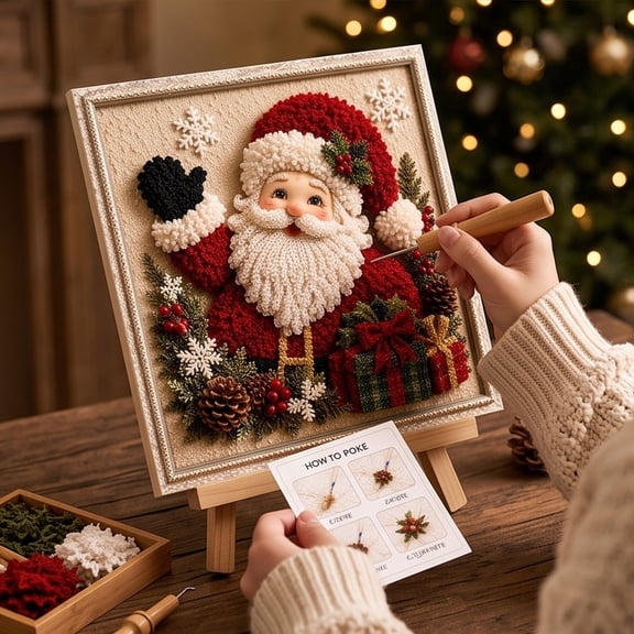 Christmas 3D Punch Needle Art Kit for Beginners, DIY Fabric Stamping Craft Set With Stand Frame, Vintage Holiday Wall Decor Handmade Gift