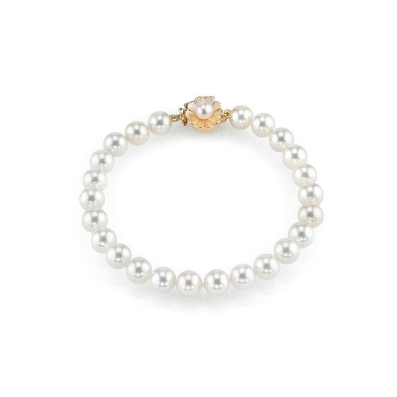 AAA Quality 7-8mm Round Yellow Freshwater Cultured Pearl Bracelet with 14K Yellow Gold Flower Clasp in 7.5 Length for Women