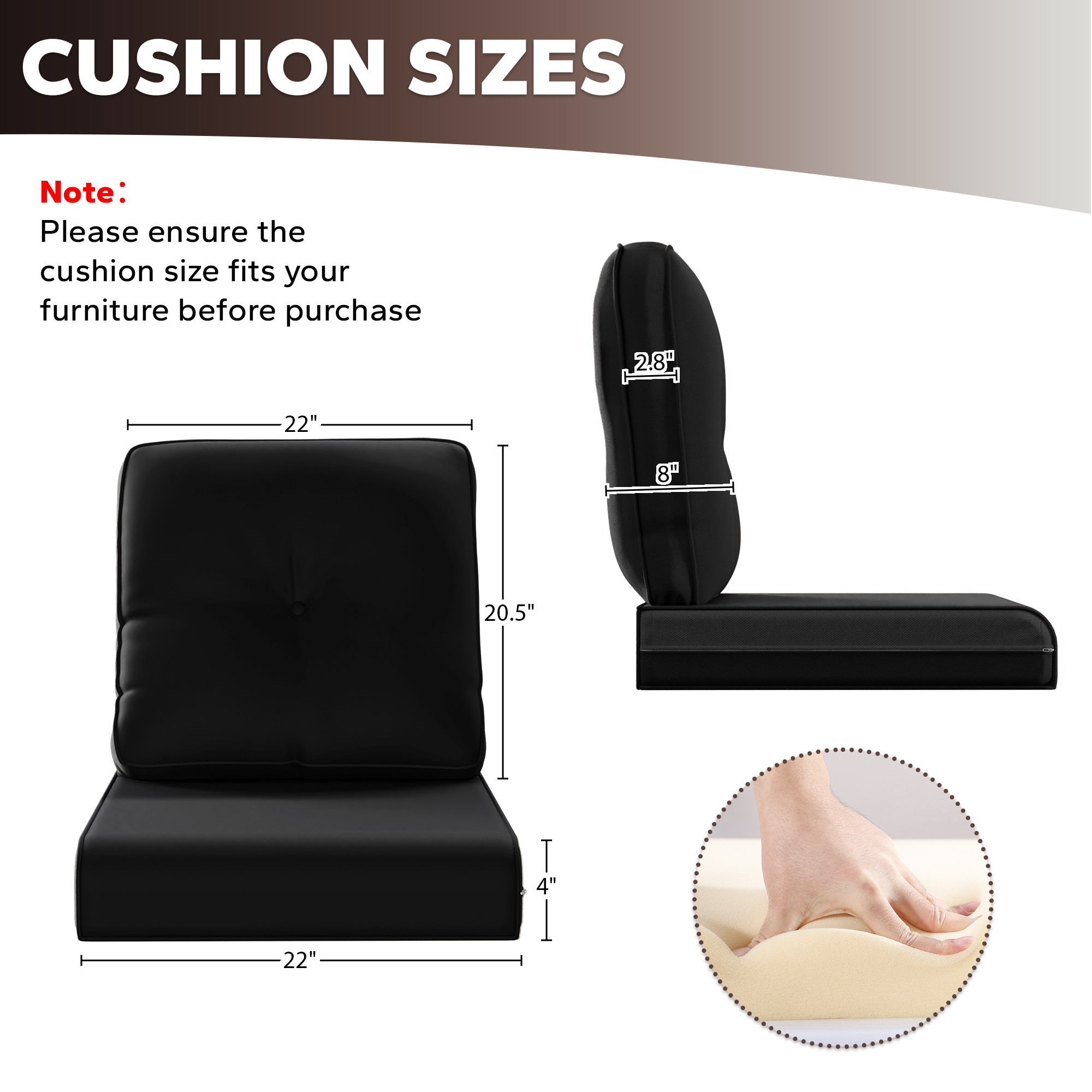 4 Inch Outdoor Cushions, Suitable for Patio Furniture, Water-Resistant & Fade-Resistant, 5 Sets, Black