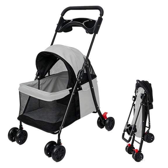 Sroemg Foldable Pet Stroller for Small Dogs Cats, Lightweight Breathable 4 Wheel Dog Cat Stroller with Cup Holder, Rear Brakes, Quick Fold Travel Pet Carrier, 44 Lbs Capacity