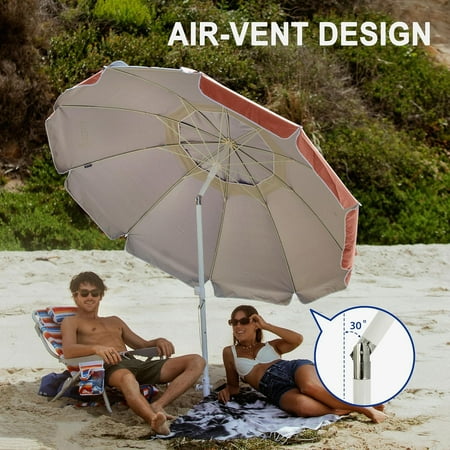 8 Feet Large Beach Umbrella with Sand Anchor Heavy Duty High Wind Portable Outdoor Umbrellas UV 50+ Protection Air Vent Tilt Patio Garden Pool