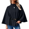 thumbnail image 5 of Women's Elegant Woolen Cape Coat - Solid Color Waist Tie Hooded Outerwear, Stylish Warm Winter Jacket, Black Size M, 5 of 6