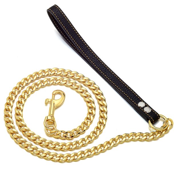 Gold Dog Chain Leash 11MM Metal Dog Collar Chains with Leather Padded