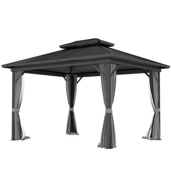 10x12 Light Grey Hardtop Gazebo with Netting | Patio Sun Shelter for Garden & Backyard | Durable Aluminum Frame & Steel Roof