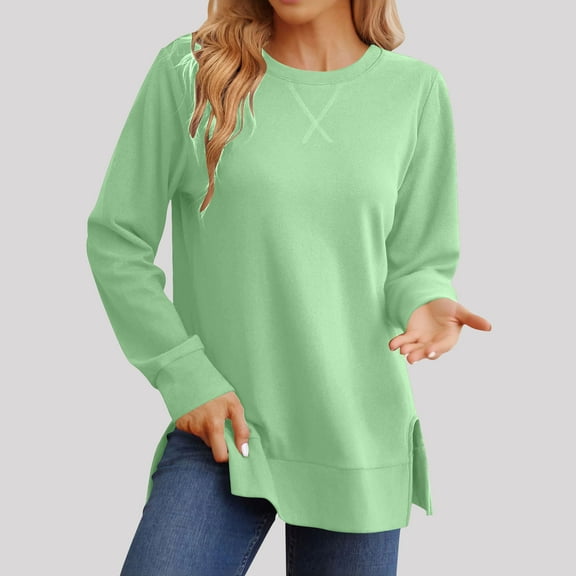 Xdegoge Sweatshirt for Women Long Sleeve Side Split Crew Neck Pullover Tops Solid Color Tunic Casual Loose Cozy Sweatshirts 2025 Fall Winter Fashion Outfits
