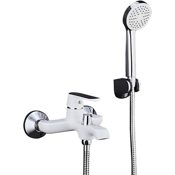 Wall Mounted Bathtub Faucet Contemporary Style Single Handle Bathroom Brass Bath Shower Mixer Taps with Handheld Shower and Hose,White