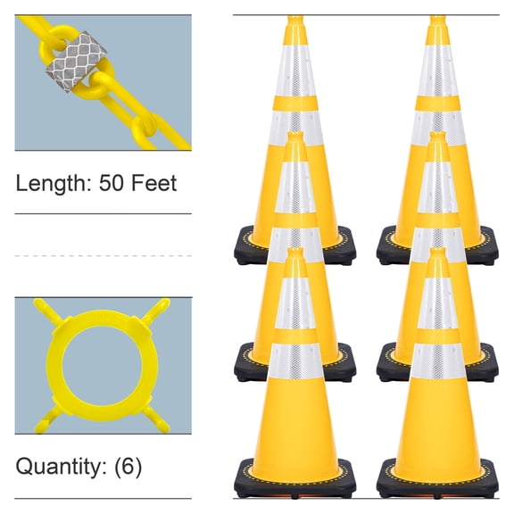 28" Yellow Reflective Traffic Cones and Reflective Chain Kit