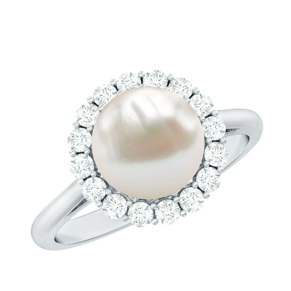 Rosec Jewels Freshwater Pearl Halo Engagement Ring for Diamond - 8 mm - 7 Carat - AAA Quality - With Jewelry Box, 925 Sterling Silver, US 4.00