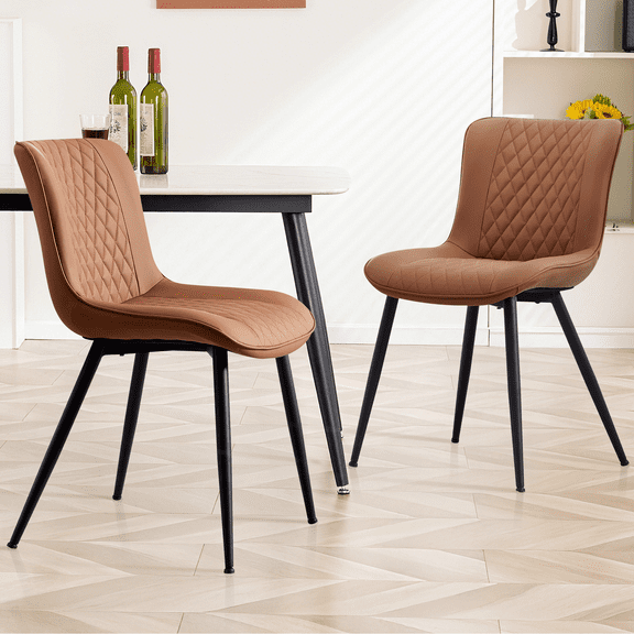 MYFUNT Dining Chairs Set of 2, Modern Upholstered PU Leather Kitchen Side Chairs with Metal Legs, Mid-Century Armless Chair for Dining Living Room Kitchen, Brown