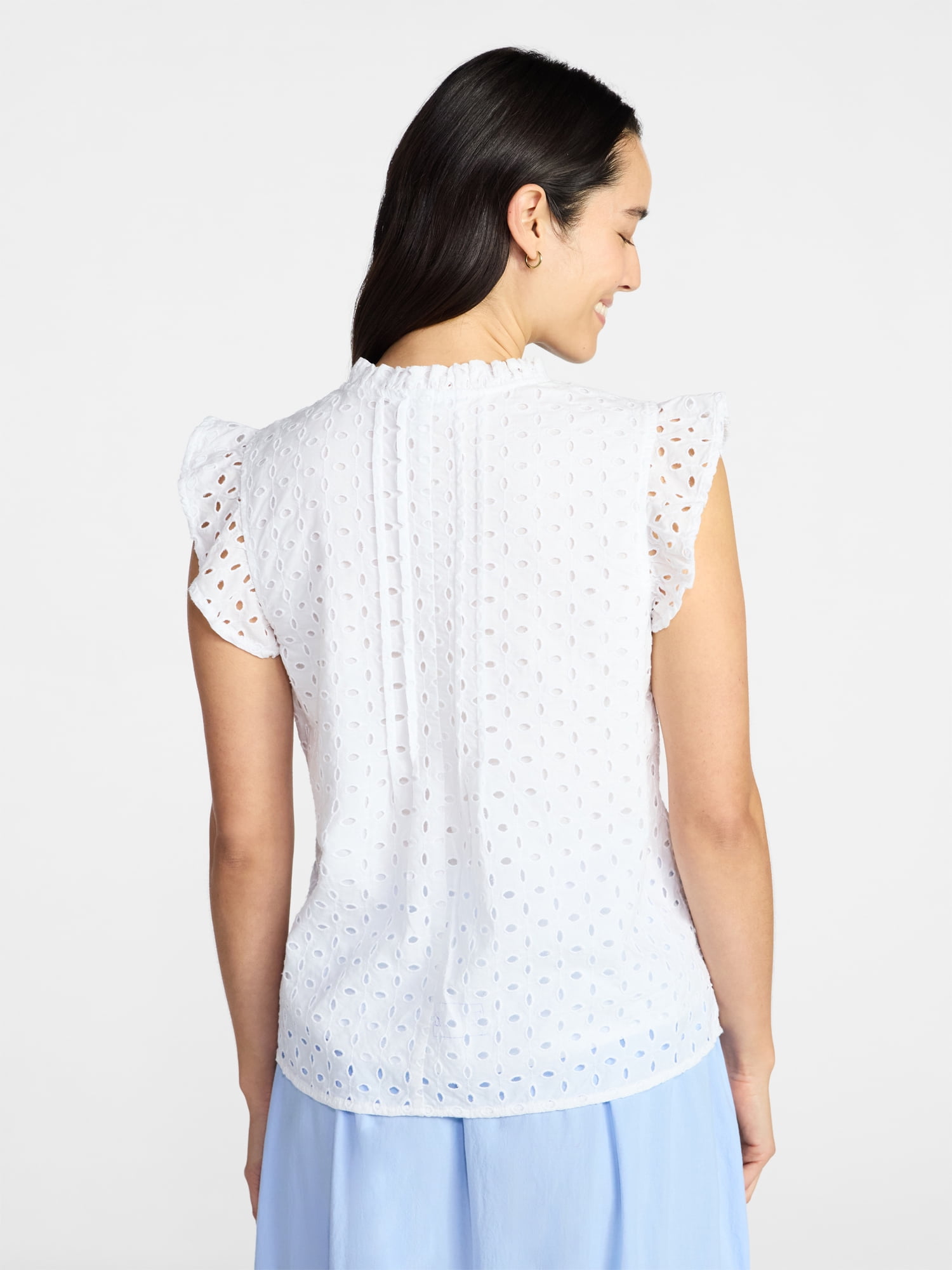Time and Tru Women's Cotton Eyelet Top with Short Flutter Sleeves, Sizes XS-XXXL