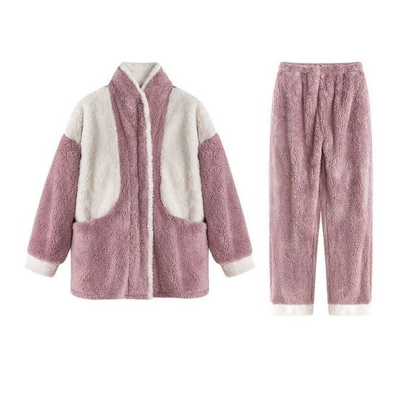 Women 2 Piece Warm Fleece Pajamas Set Soft Sleepwear Long Sleeve Lapel Tops Sweater with Pocket Pajamas Pants Homewear