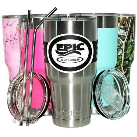 EPIC Stainless Steel Travel Tumbler 6-Piece Set, 30 oz - Double Wall Vacuum Insulated Cup - Thermal Large Coffee Mug - Compare to Yeti - Tumbler Cup Bundle with 2 Lids 2 Stainless Steel Straws 1 (Best Insulated Cups With Lids)