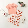 thumbnail image 4 of Toddler Outfits for Girls Valentine's Day Letter Print Short Sleeve Shirt and Heart Flare Pants Two Piece Set for Kids Summer Pink 2 Years-3 Years, 4 of 7