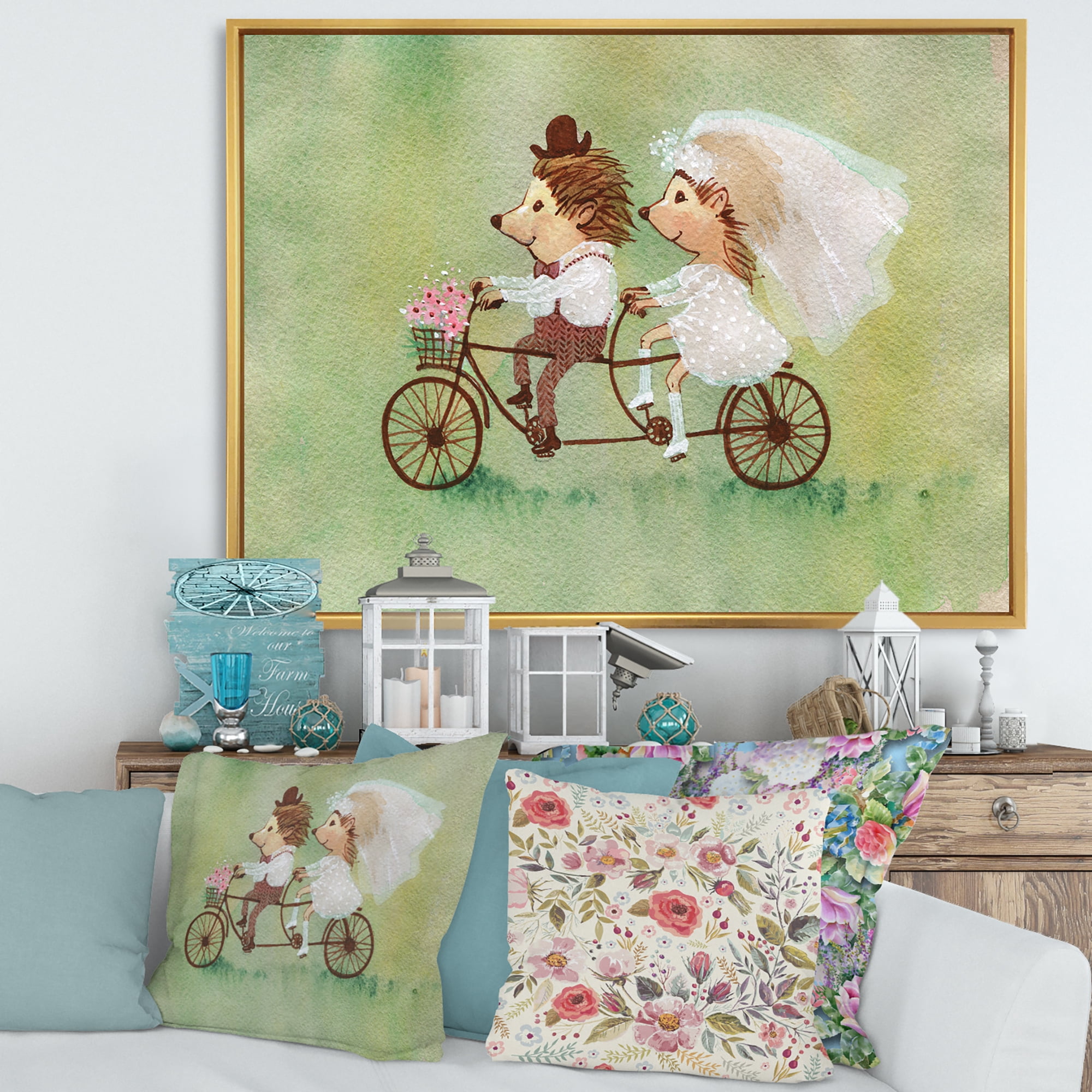 Designart 'Wedding Couple of Hedgehogs Riding A Bike' Traditional Framed Canvas Wall Art Print