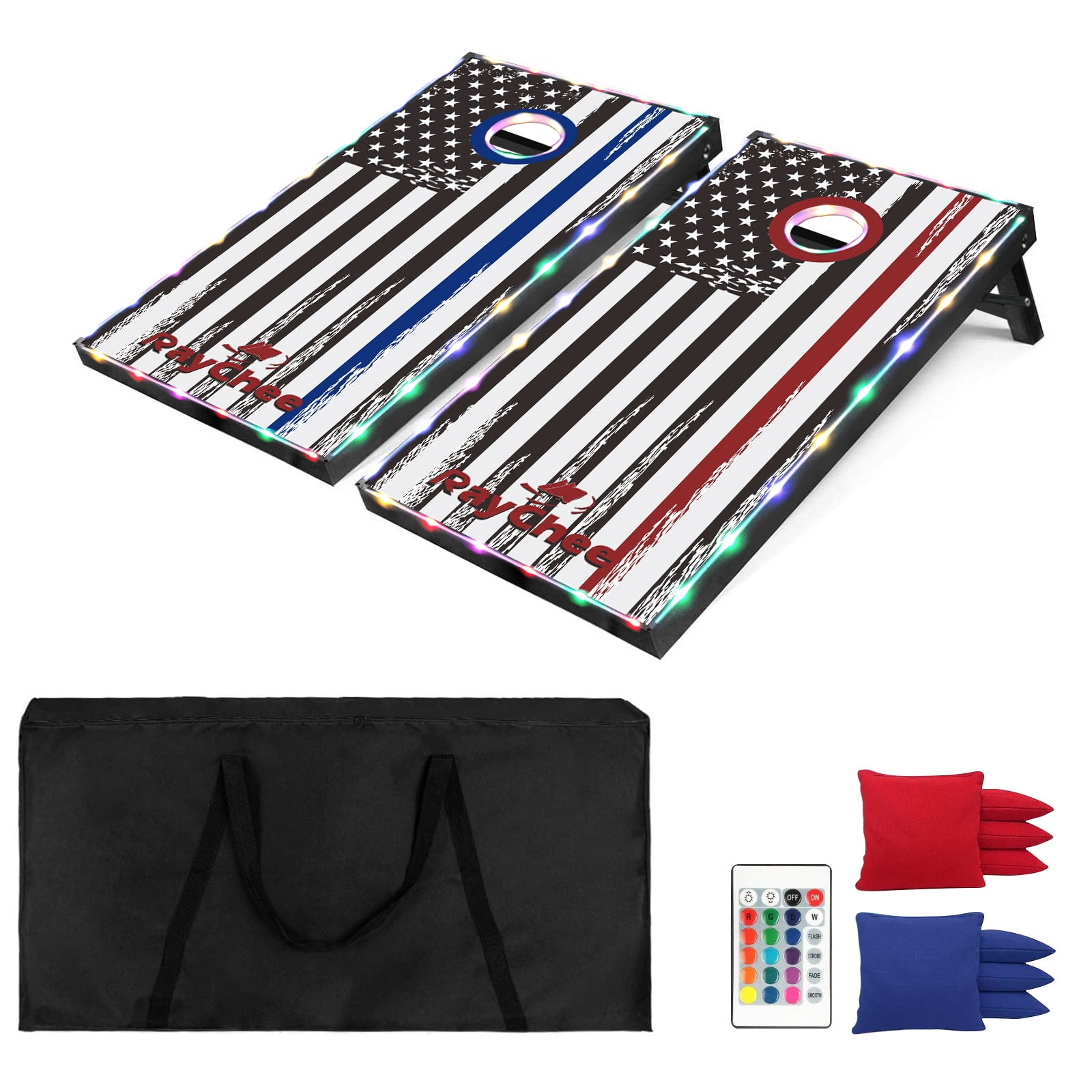 LED Cornhole Set, Regulation Size Cornhole Boards Game with 2 Boards & 8 Bean Bags, Outdoor Lawn Game for Backyard, Beach & Lawn (3'x2' Striped Flag)