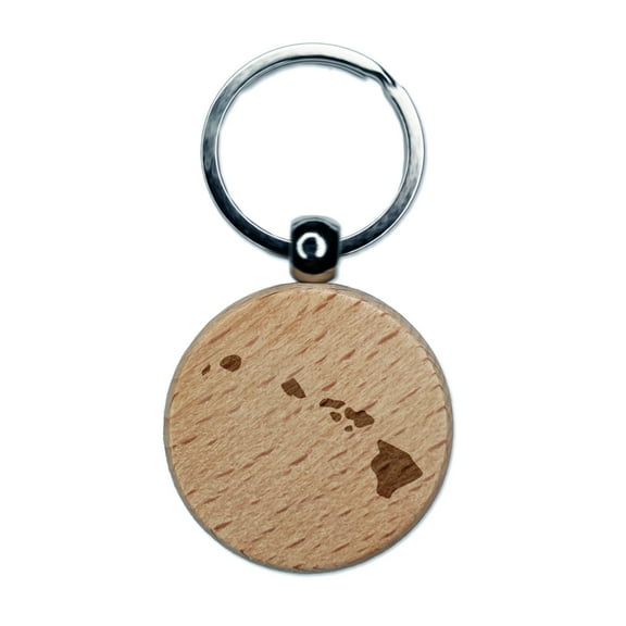 Hawaii State Silhouette Round Keychain Charm Tag - Engraved Wood
