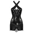 thumbnail image 3 of Yanarno Glittery Sparkly Bodysuit For Women Fringe Dance Leotard Halter Cross Front Latin Jazz Black XXL, 3 of 7